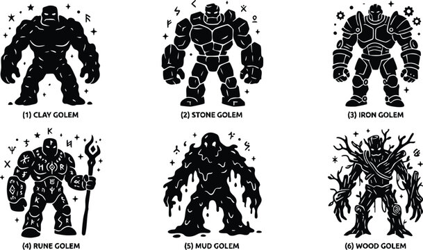 Six different elemental golems with rune and gear details
