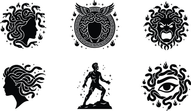 Black and white medusa heads and perseus silhouette mythological vector art
