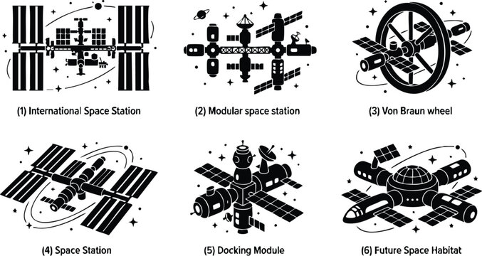 Six space stations including international space station and von braun wheel