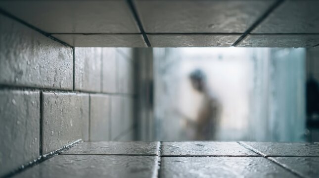 Damp Bathroom Tile with Faint Blurred Human Outline