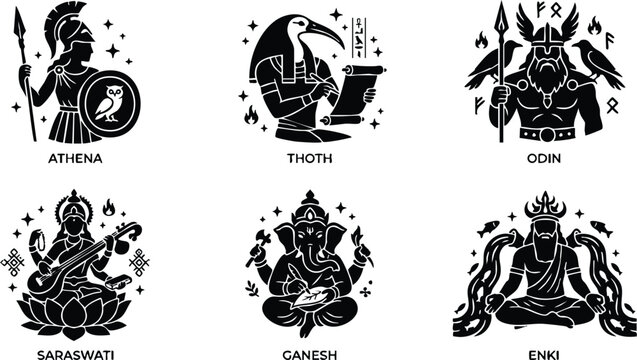 Athena thoth odin saraswati ganesh and enki gods in silhouette style