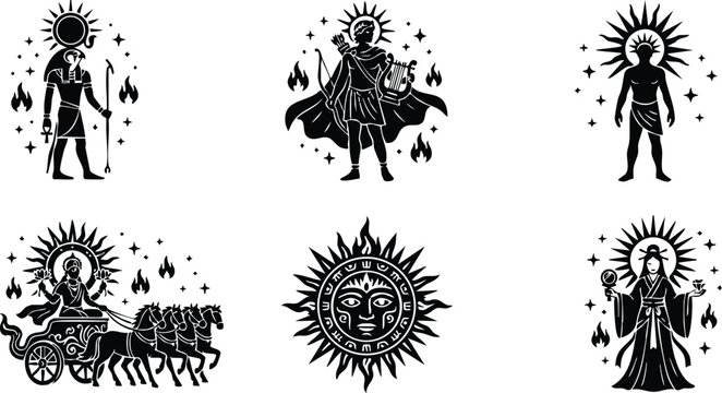 Black sun themed mythological gods and chariot vector art icons
