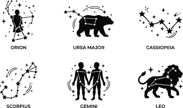Black and white constellation icons for orion ursa major cassiopeia scorpius gemini and leo