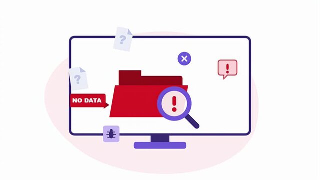 Flat animation of a computer screen displaying a red folder with error icons and no data warning messages.