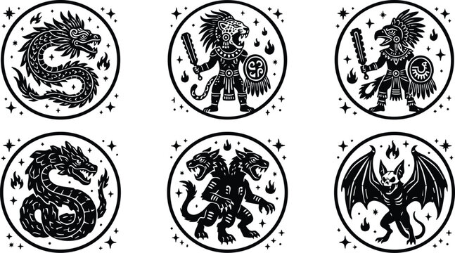 Black and white line art aztec jaguar eagle dragon hydra and bat mythical creatures set