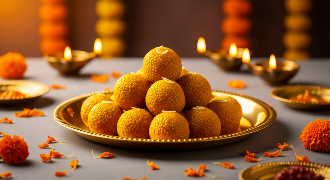 Traditional Indian laddu sweets on golden plate for Diwali celebration