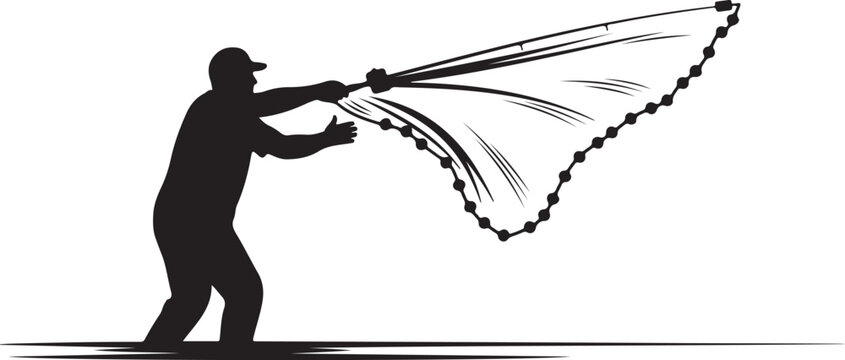 Black silhouette of man pulling fishing net, vector illustration, fishing concept, outdoor activity