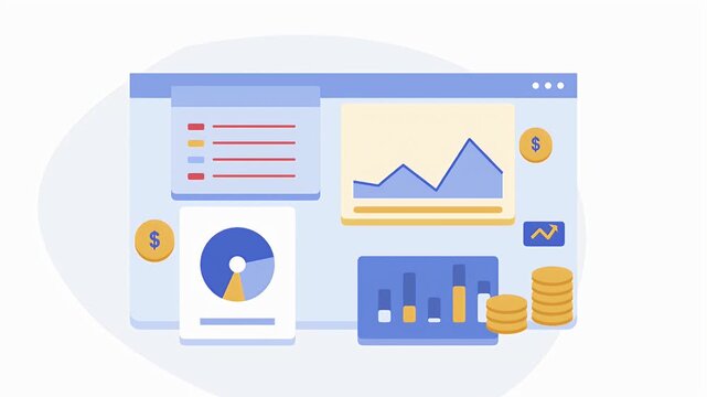 Business analytics dashboard animation with interactive charts and currency symbols representing financial growth