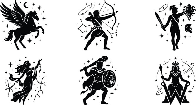 Black silhouette zodiac signs pegasus archer medusa maiden warrior and queen vector art