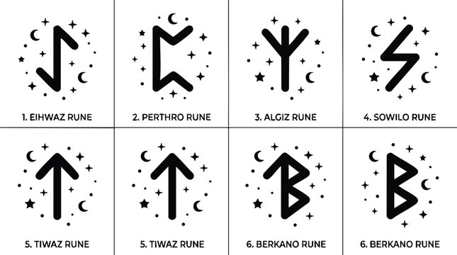 Black and white eihwaz perthro algiz sowilo tiwaz and berkano rune symbols vector art