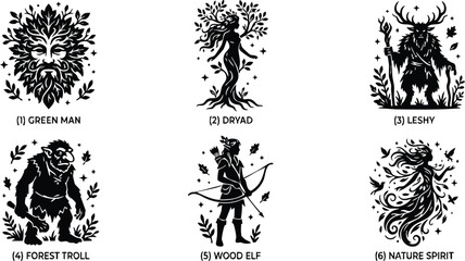 Fototapeta premium Green man dryad leshy forest troll wood elf and nature spirit silhouettes