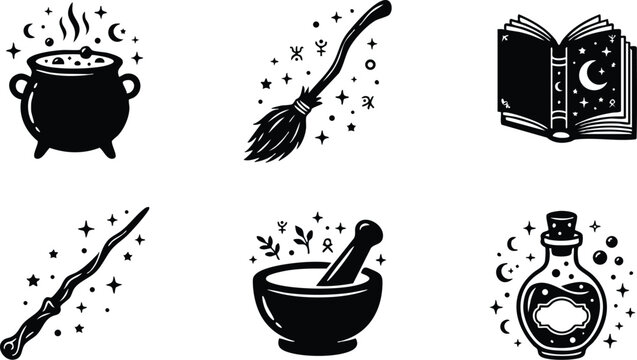 Black and white magical witchcraft icons including cauldron broom spellbook wand mortar and potion bottle