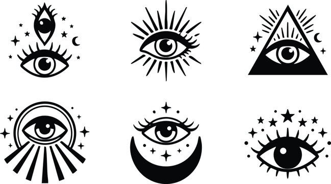 Black and white mystic eye symbols with stars moon and rays vector art