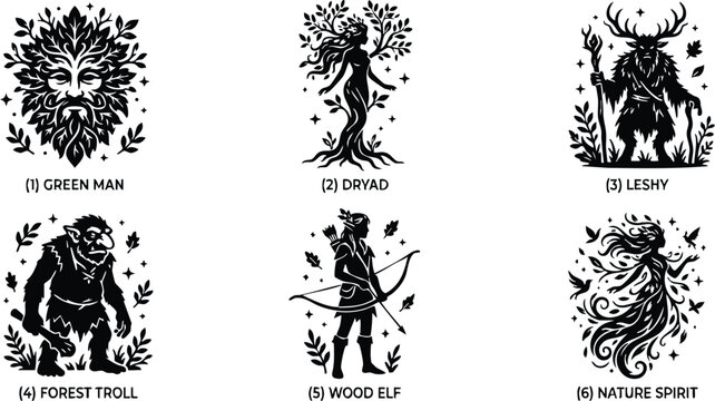 Green man dryad leshy forest troll wood elf and nature spirit silhouettes