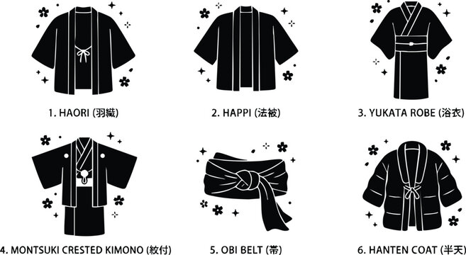 Black and white haori happi yukata montsuki kimono obi belt and hanten coat vector art