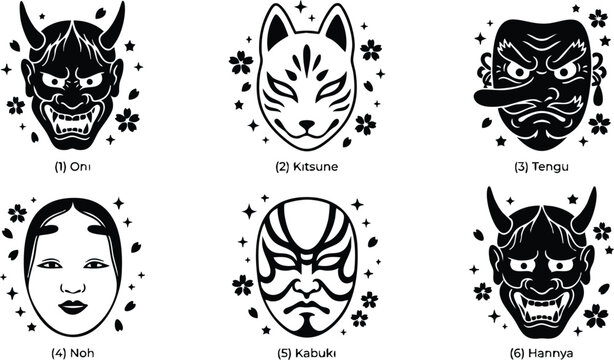 Traditional japanese oni kitsune tengu noh kabuki and hannya masks with floral elements