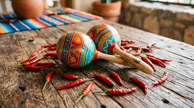 Hand-painted Mexican maracas and red chili peppers on a rustic wooden table with a colorful serape background