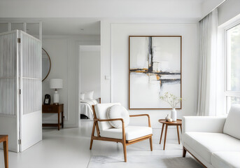 Fototapeta premium Serene minimalist living room with natural light a modern interior design showcase featuring neutral tones and artistic accents