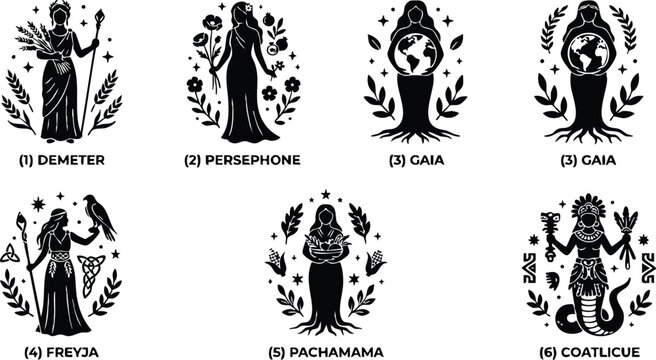 Black silhouette icons of ancient goddesses demeter persephone gaia freyja pachamama coatlicue line art