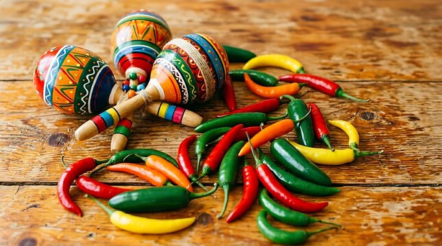 Colorful Mexican Maracas and Assorted Fresh Chili Peppers on a Rustic Wooden Table for Festive Celebration