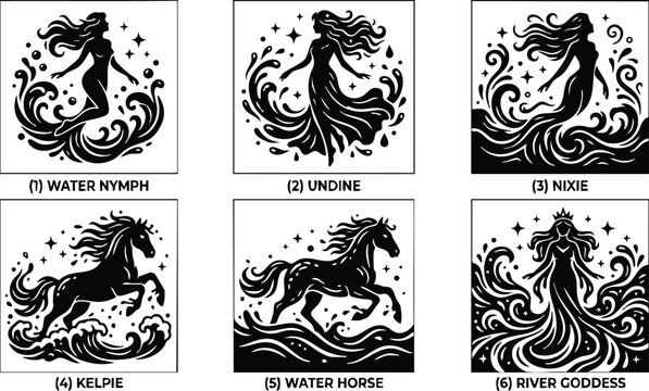 Black and white water nymph undine nixie kelpie horse and river goddess vector art set