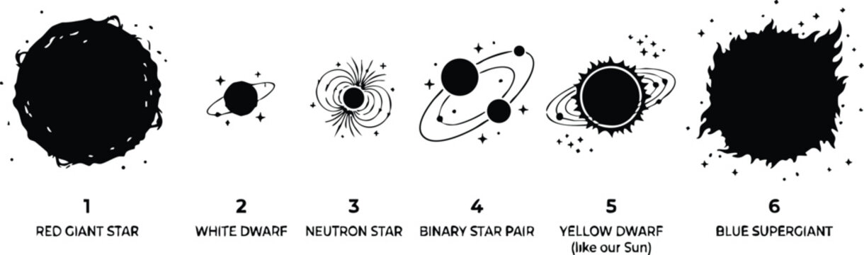 Red giant star white dwarf neutron star binary star pair yellow dwarf and blue supergiant