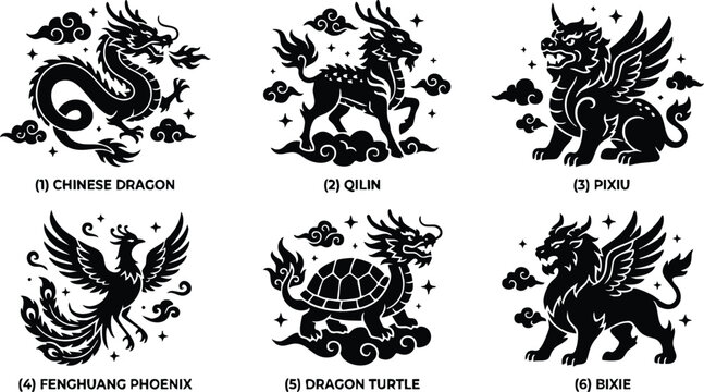 Black silhouette chinese dragon qilin pixiu fenghuang phoenix dragon turtle bixie line art