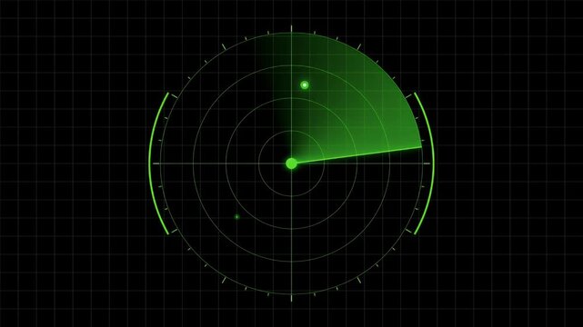 Digital green radar interface with a rotating sweep line scanning for targets and displaying blips on the screen