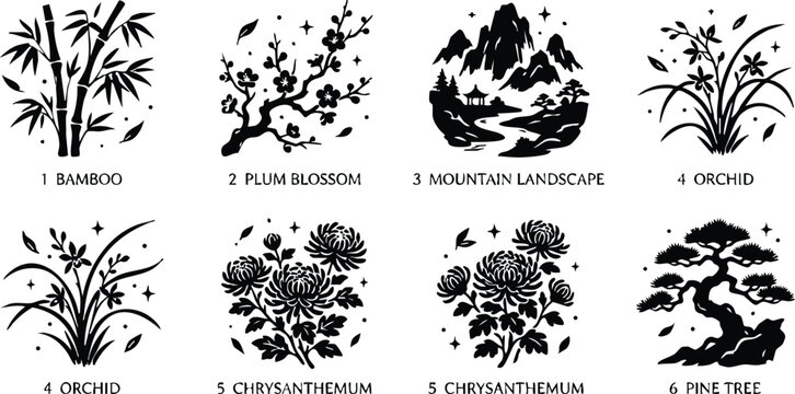 Black and white chrysanthemum orchid bamboo pine tree plum blossom mountain landscape vector art