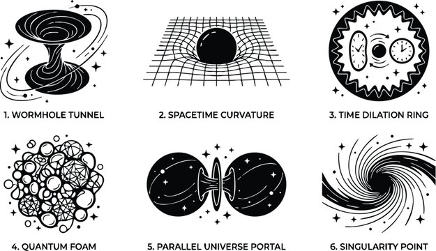 Black and white scientific icons of wormhole tunnel spacetime curvature and quantum foam