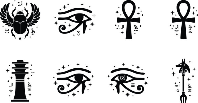 Black and white ancient egyptian symbols including scarab eye ankh and anubis staff vector art
