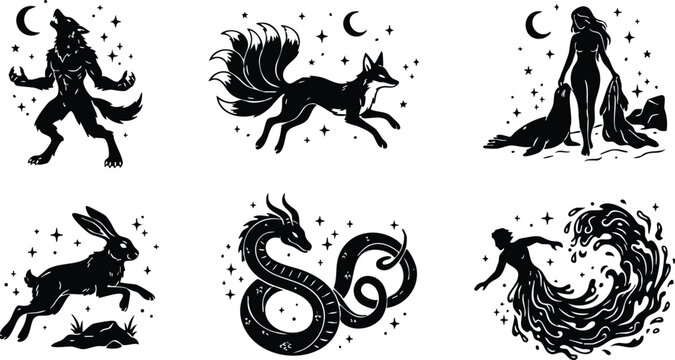 Black silhouette moon phases fantasy animals and figures vector art