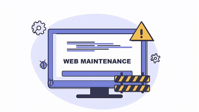Animated illustration of a computer screen showing web maintenance status with rotating gears and caution symbols.