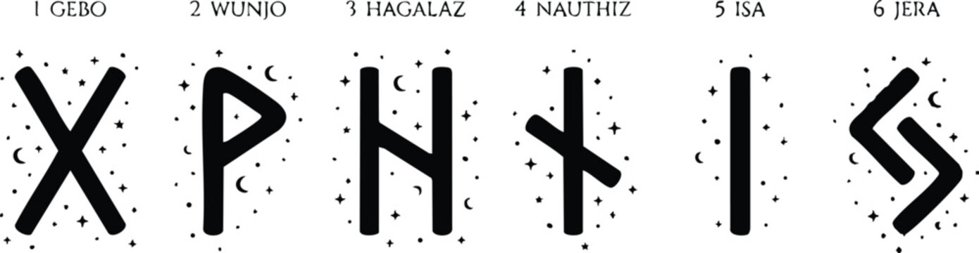 Black and white runes gebo wunjo hagalaz nauthiz isa jera with stars and moons