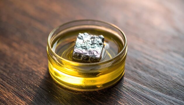 A small metallic cube of sodium metal submerged in yellow oil within a clear glass jar on a wooden surface