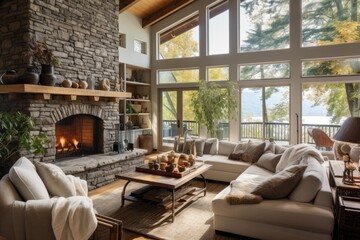 Obraz premium Inviting living room showcasing a natural stone fireplace and large windows overlooking the lake