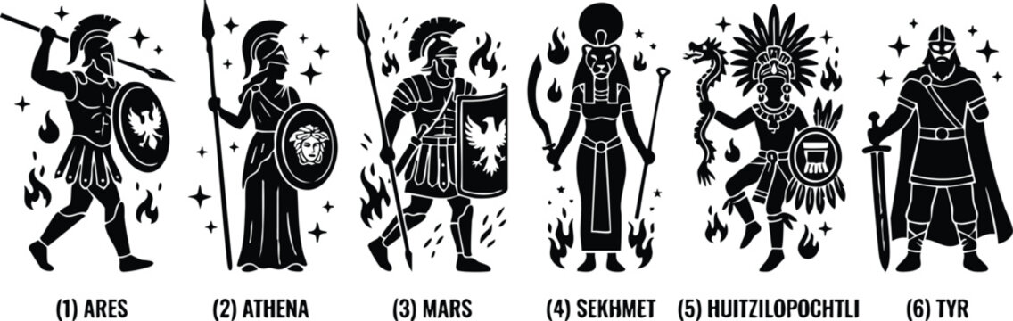 Six ancient warrior gods holding shields and weapons