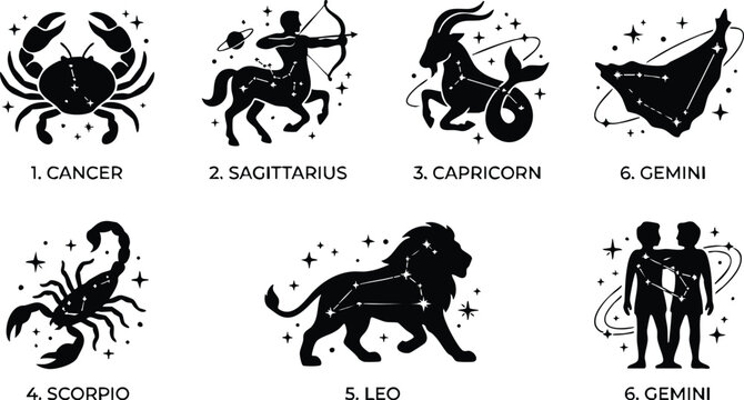 Black and white zodiac constellations vector art featuring cancer sagittarius capricorn scorpio leo gemini