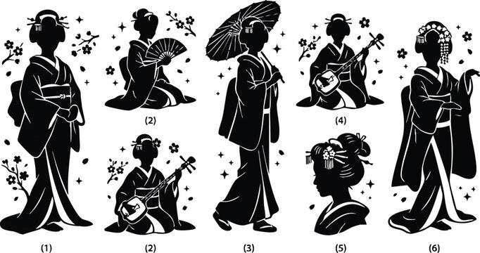 Black and white silhouette vector art of traditional geisha women with musical instruments parasol and fan
