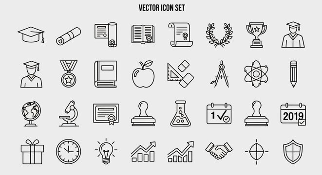 Education icons set in black.