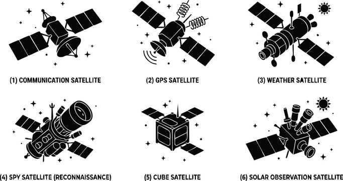 Black and white communication gps weather spy cube and solar observation satellites vector art