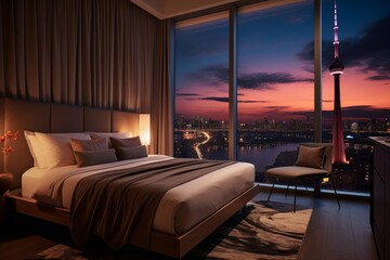 Naklejka premium Modern bedroom interior with large window viewing a beautiful cityscape and landmark tower
