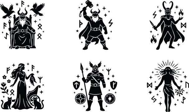 Norse mythology black and white vector art of six gods and goddesses with runes and symbols