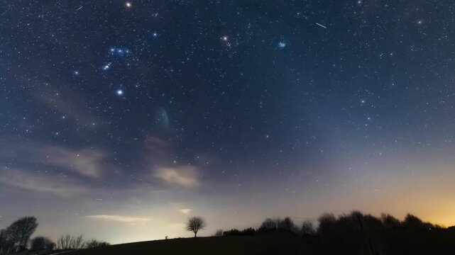 Orion constellation, zodiacal light and Milky Way stars on a dark countryside skies. Time-lapse video.