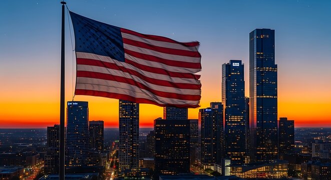American flag waving proudly against a city skyline at sunset