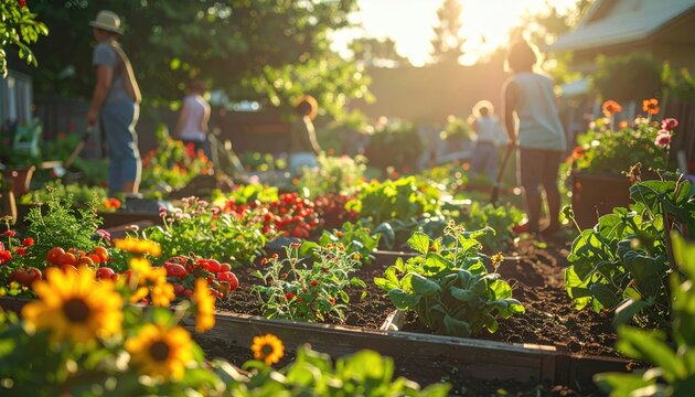 Bountiful community garden plot overflowing with vibrant vegetables and colorful flowers bathed in warm golden sunlight