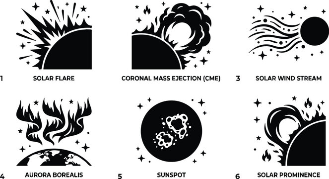 Black and white sunspot and solar flare vector art with stars and flames
