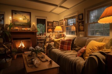 Obraz premium Living room with a lit fireplace, couch, coffee table, and soft lighting creating a cozy atmosphere