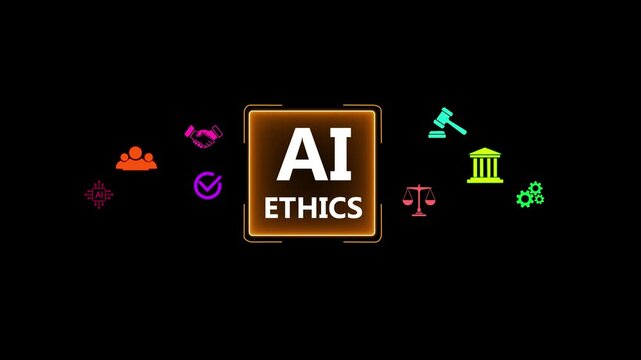 Businessman showing AI Ethics hologram with legal and social icons. Concept of responsible artificial intelligence, digital moral standards,governance, and technology regulations in business.4k video.