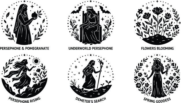 Black silhouette persephone holding pomegranate and demeter search vector art